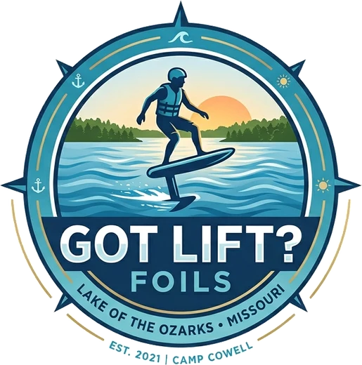 Got Lift Foils badge: eFoil rider over the lake, established 2021 at Camp Cowell